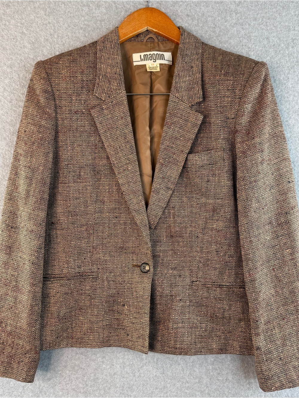 Vintage I.Magnin Union Made In Japan 100% Silk Brown Button Up Blazer Size 12